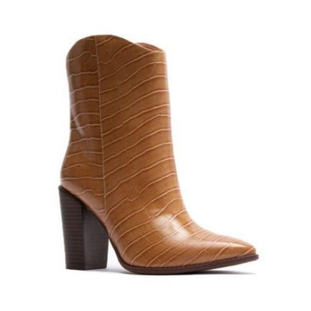 Tan Pull On Croc Embossed Heeled Booties